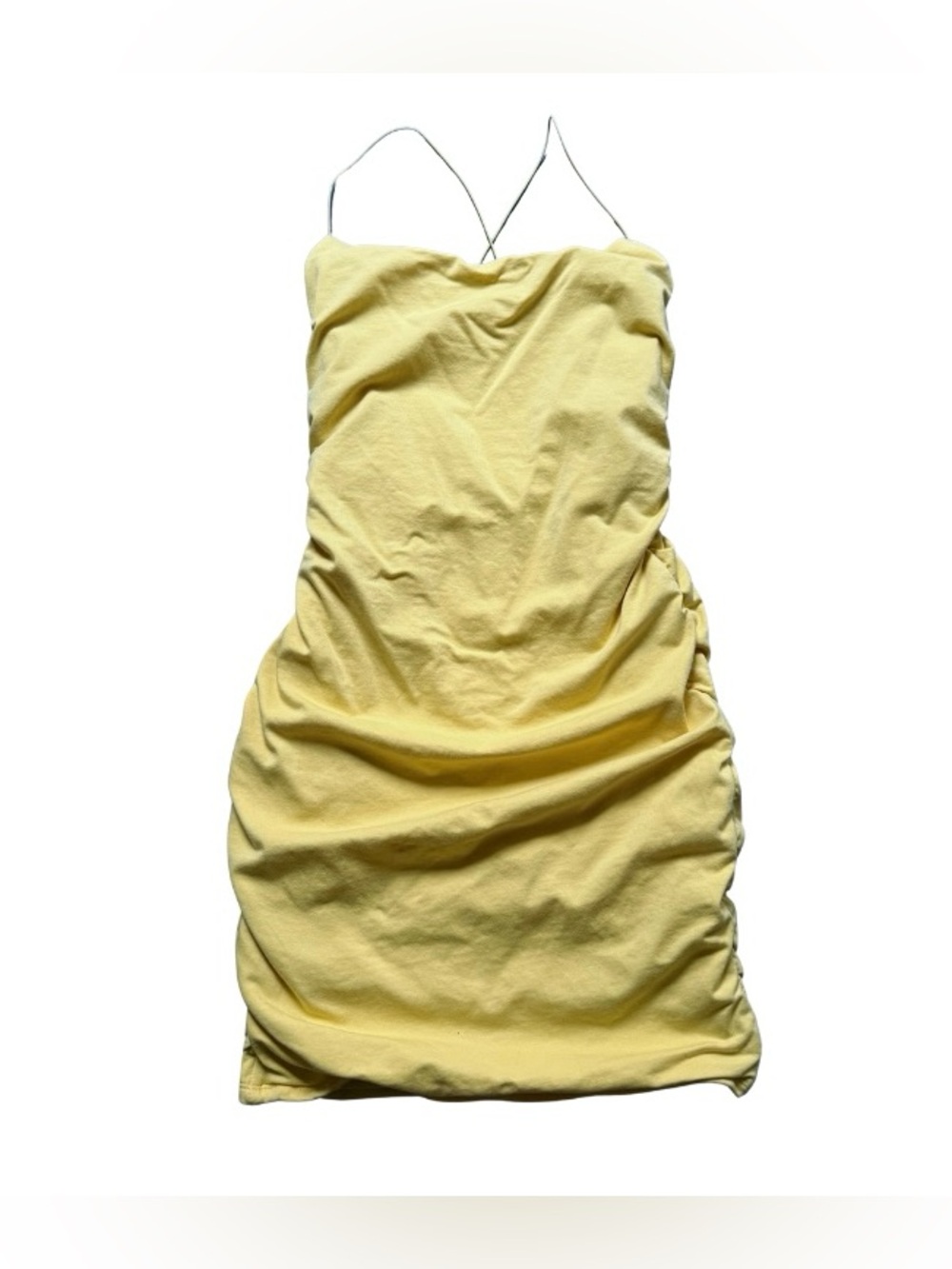 Oh Polly Yellow Ruched Spaghetti-Strap Mini Dress